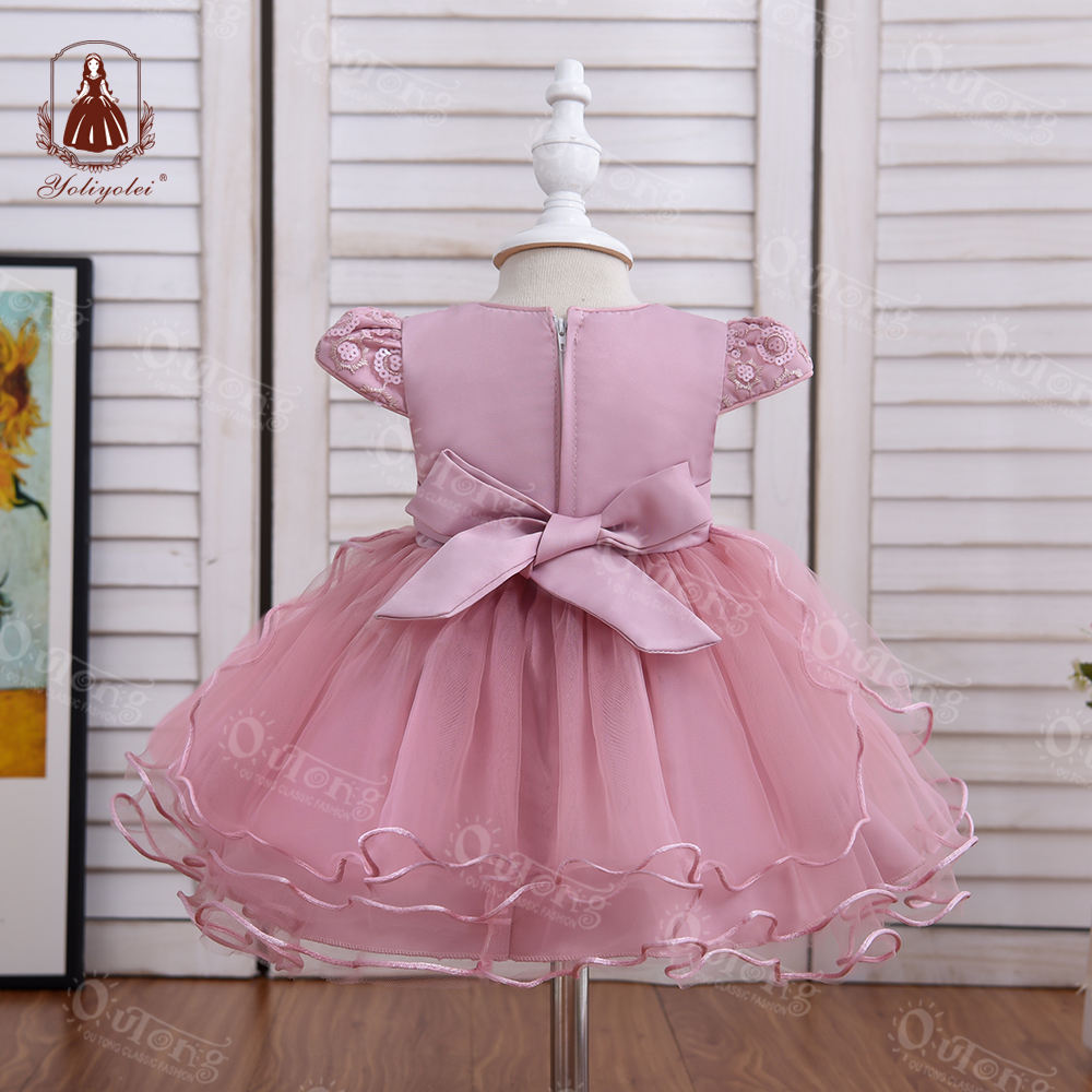 B2-192  0-2 Years Evening Wear Girl Dress Short Sleeve Pink Gauze Tulle Split Hem Children Baby Party Dress With Bow Belt