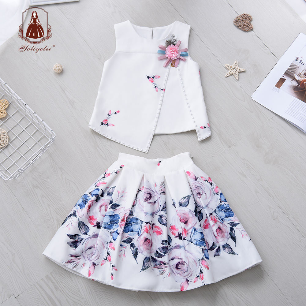 W3284 Wholesale Solid Flower Casual Children Cloth Sleeveless Irregular Top White Pink Fashion Pattern Girl Clothing Set For Kids