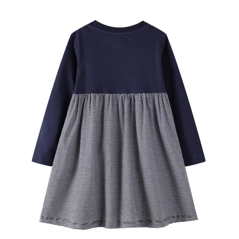 QY005 Navy A-line Fiream Cotton Longsleeve Casual Applique Cartoon Cute Winter Toddler Girls Dresses