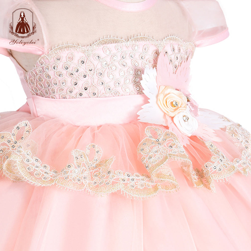 BO-707 Yoliolei Wholesalers Princess Sweet Short Sleeve Crew Neck Layered Pink Party Baby Girl Dresses