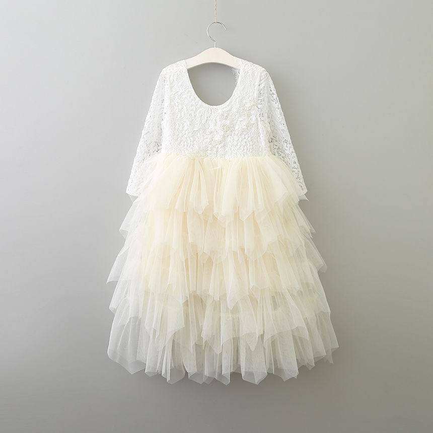 TU015 Fashion Long Sleeve Children Clothing Dress Tutu Design Polyester Tulle Layered Girl Dress With Big Flower