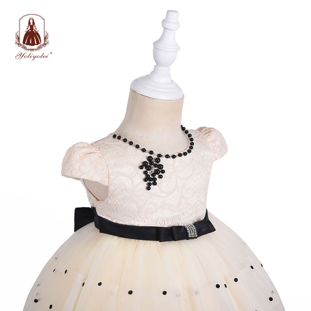 A1-056 Wholesalers Fashion Beaded Bow Short Sleeve 0-2 Years Champagne Party Girls Dresses