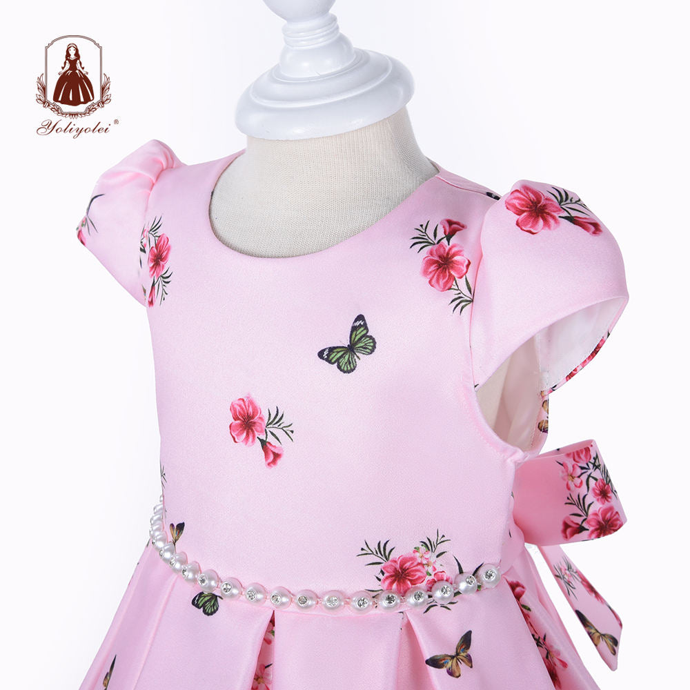 B19-774 Baby Wholesalers Princess Daily Life Short Sleeve Crew Neck Pink Evening Party Baby Girl Dresses