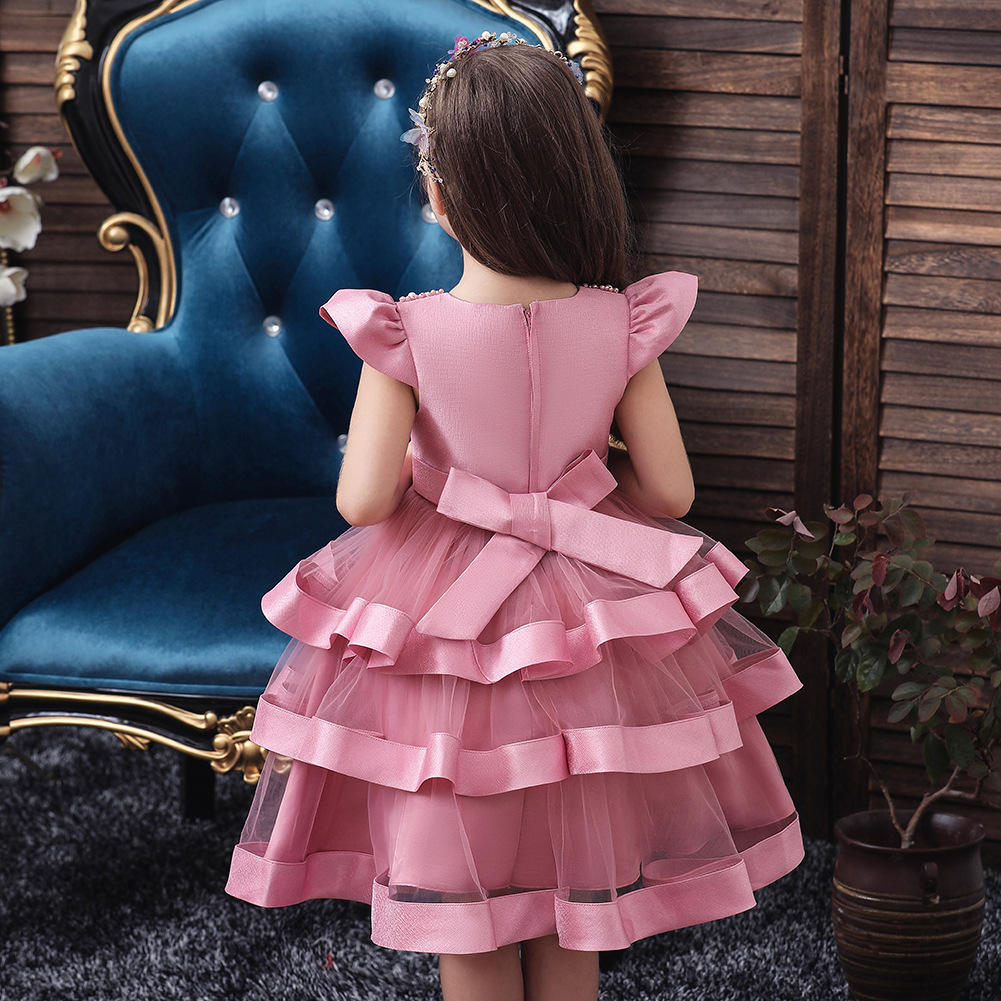 P002 High-end Princess Evening Dress Layered Pink Dress Wedding Party Lovely Girl Birthday Party Dress For 0-8 Years