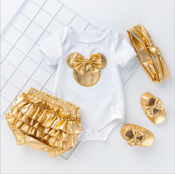 pp001 Mikey Summer Short Gold Baby Girl's Pajama Romper Jumpsuit Onesie Party Baby Wear Cotton Newborn Baby Romper Clothes