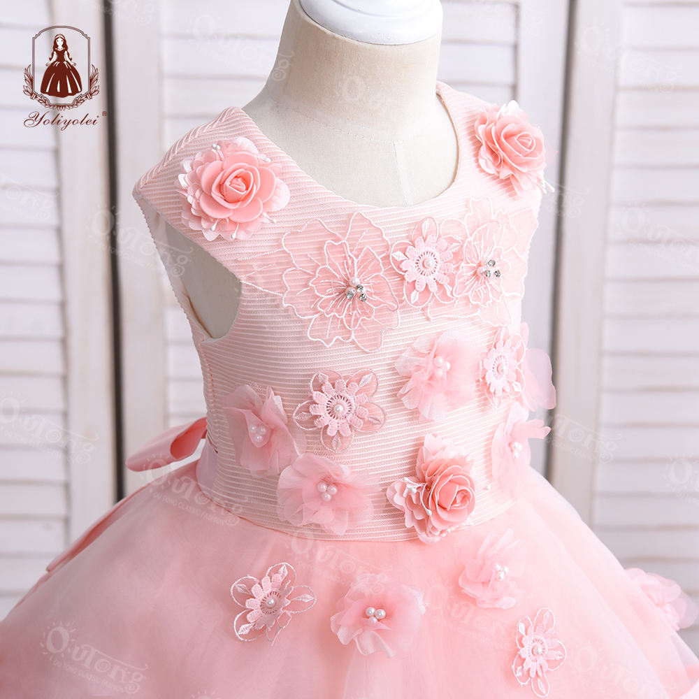 A7517 Formal Children Dress Sleeveless Fashion a-Line Applique Tulle Flower Girl Party Dresses For 4-12 Years Girls