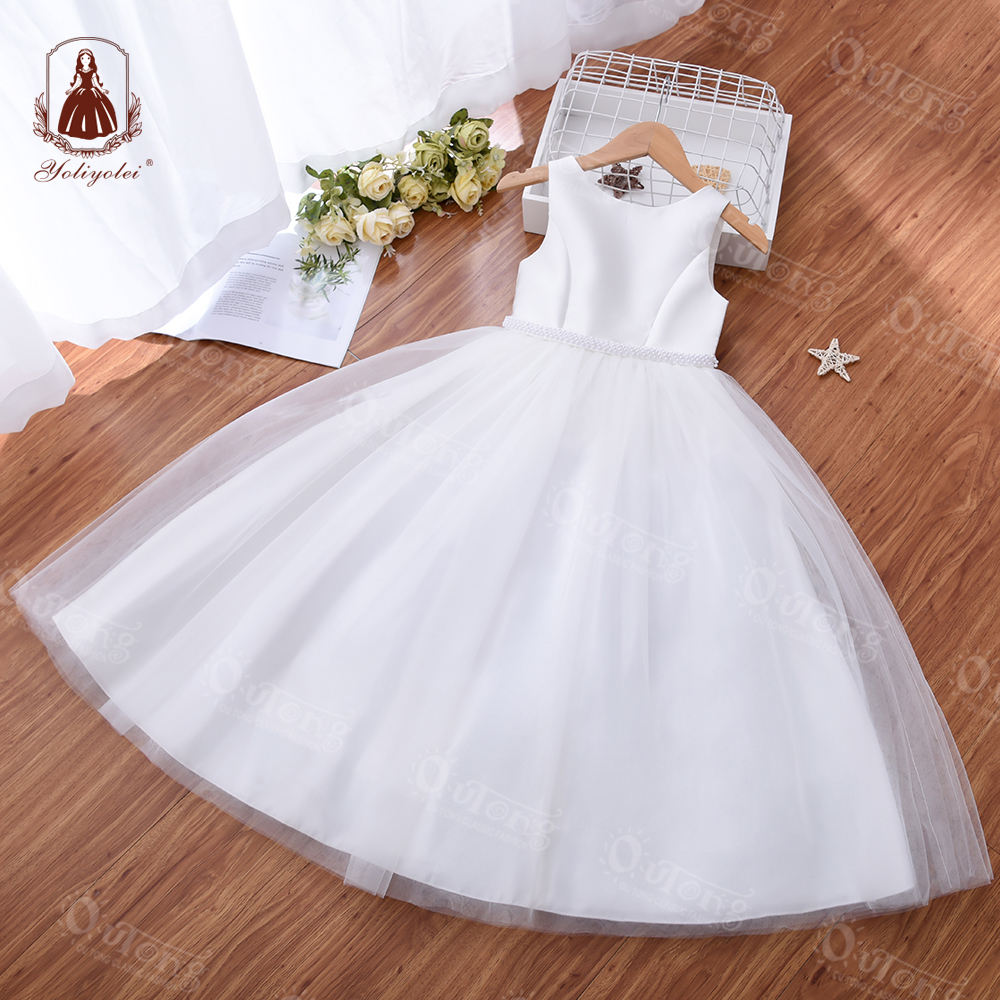 KE02 Summer Wholesale 4-12 Years Flower Girl Dress White Princess Gown Plain Girl Dresses For Wedding