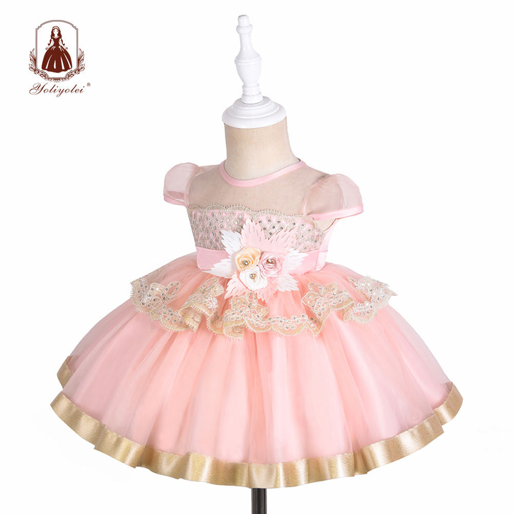 BO-707 Yoliolei Wholesalers Princess Sweet Short Sleeve Crew Neck Layered Pink Party Baby Girl Dresses