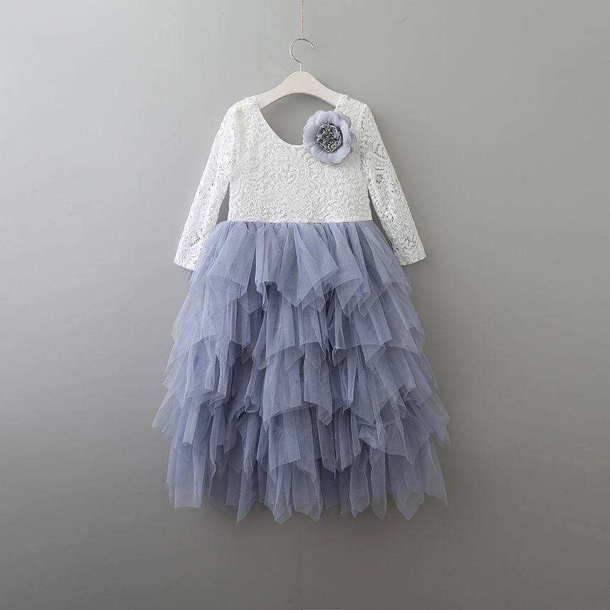 TU015 Fashion Long Sleeve Children Clothing Dress Tutu Design Polyester Tulle Layered Girl Dress With Big Flower