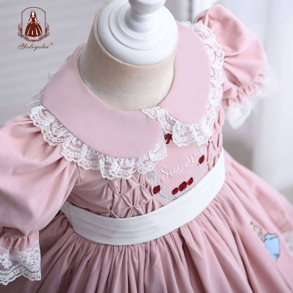 DK102 Kids Clothing Summer Girls Dress Lolita Design Short Sleeve Pink Cute Cartoon Toddler Baby Spanish Dress With Bloomer