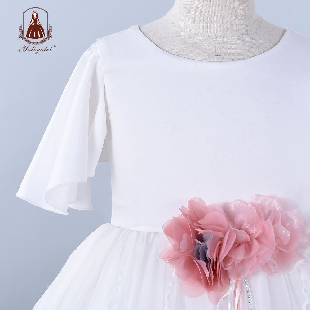 A7487 Yoliyolei Spring Summer Girls Clothing Petal Sleeve Wedding Night Party White Lace Girl Dress With Pink Flower