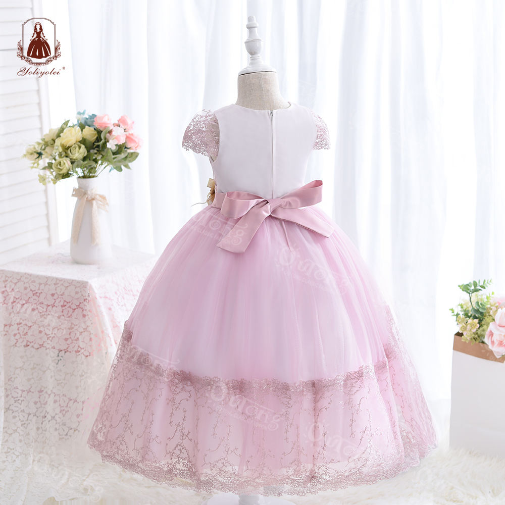 A7150 New Wholesale Long Children Dresses Elegant Party White Lace Flower Girl Prom Dress For Kid