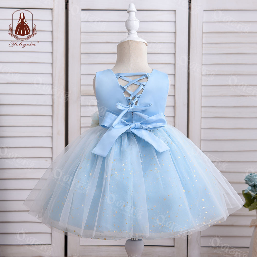 B0-2369 NewBorn Infant Dress Blue Plain Dyed Fluffy Tulle Kids Flower Girl Dresses Baby Girl Ball Gown