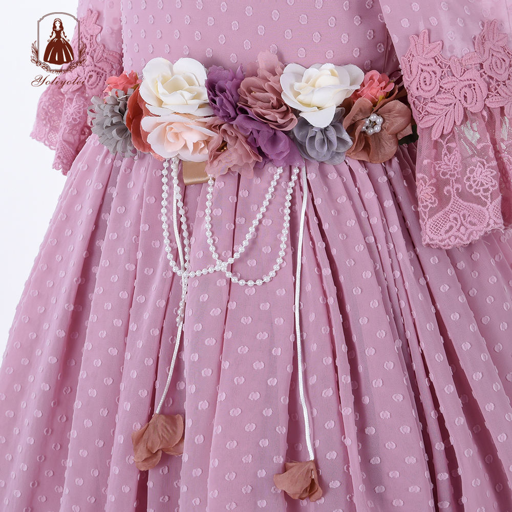 A7486 Fashion Half Sleeve Girl, Fluffy Dress Dot Solid Flower Lace Skirt Pleated Pageant Purple Party Wear Gown For Kid