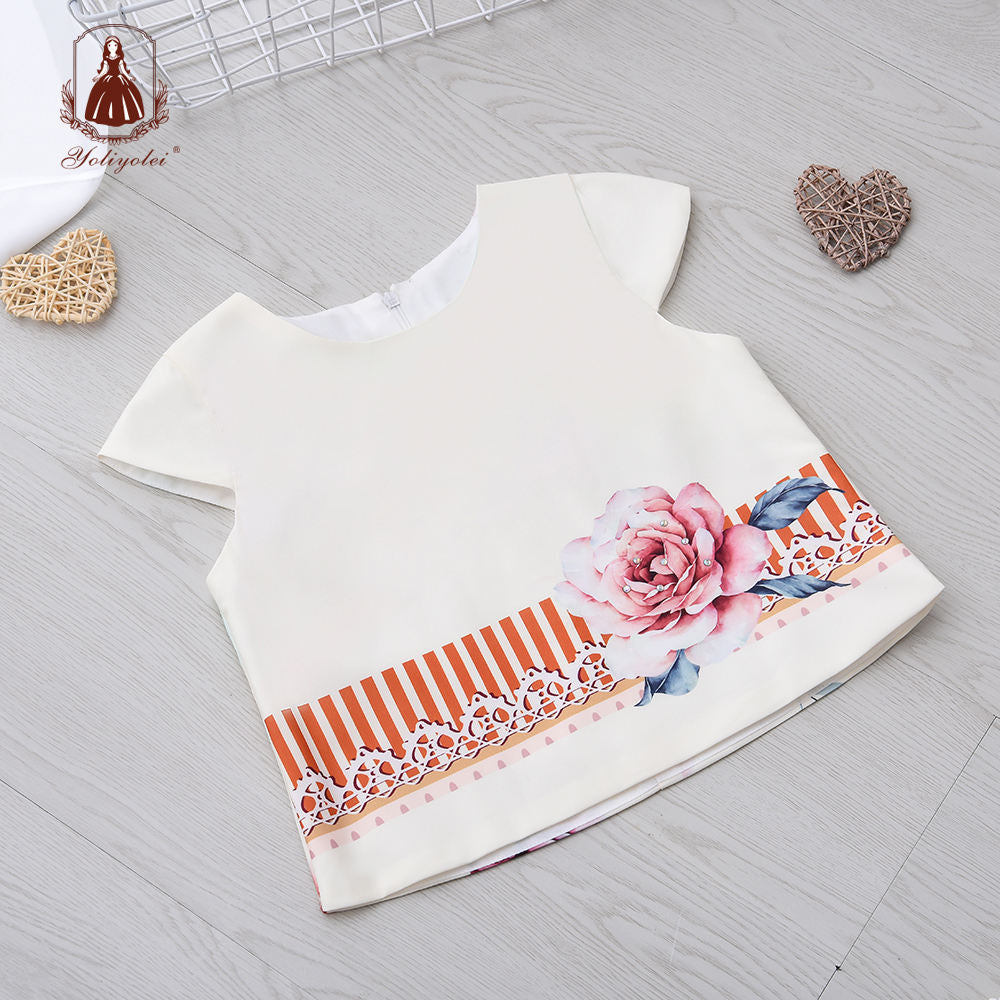 W8325 Summer New Beige Short Sleeve Summer Kids Clothing Casual Girl Outfits Top + Skirt Flower Printed Clothing Sets For Girl