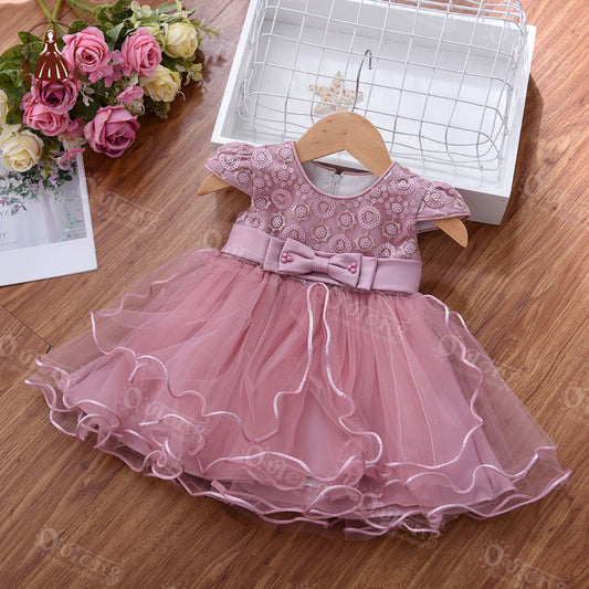 B2-192  0-2 Years Evening Wear Girl Dress Short Sleeve Pink Gauze Tulle Split Hem Children Baby Party Dress With Bow Belt