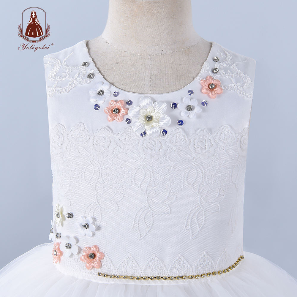 A1-142 Free Sample Summer Children Clothes White Lace Long Daisy Flower Girl Toddler Princess Party Dress With Diamond