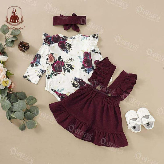 OC008 Custom Children Clothes Girl Toddler Infant Baby Clothing Sets Flutter Suspender Dress With Headband