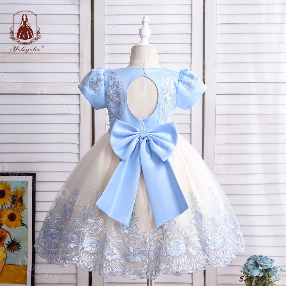 S2438 Girls Clothing Light Blue Champagne Patchwork Color Short Sleeve Party Wear Dress Applique Embroidered Flower Girl Dresses