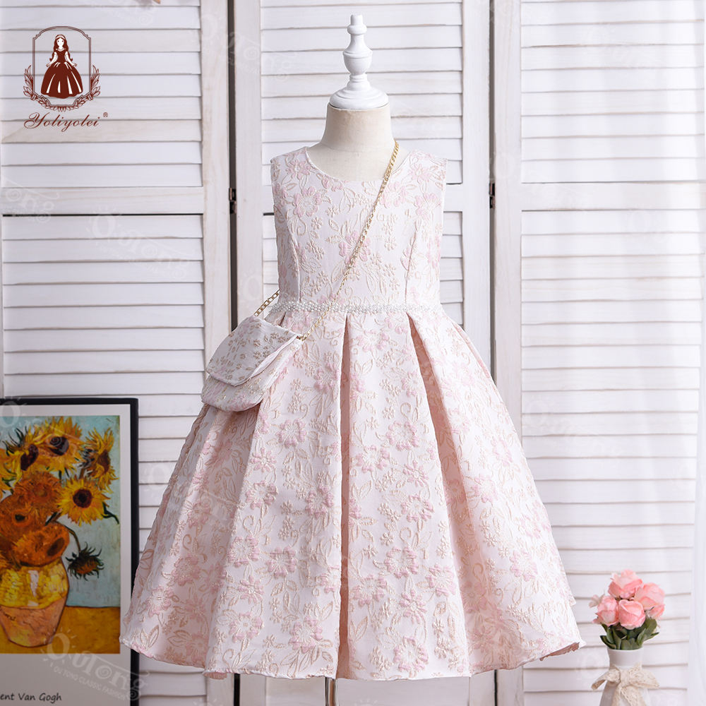 S2349 Cheap Wholesale Summer s2349 Gray White Pink Sleeveless Kids Party Dress Design Solid Girl Jacquard Dress With a Bag