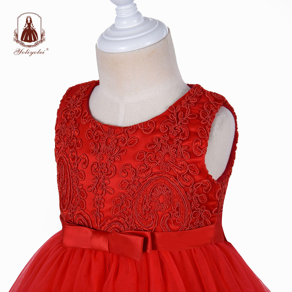 BK356 Wholesale Embroidery Top Ball Gown Bow Belt Boutique Children Wear Rose Red Long Toddler Frock Dress For Girl