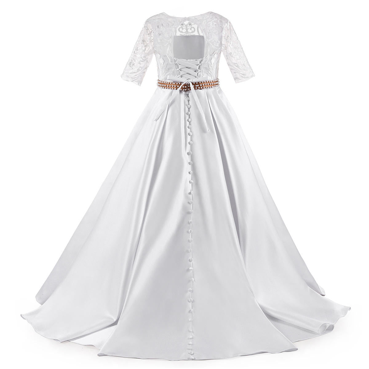 WH001 Wholesale 4-12 Years Long Evening Ball Gown White Lace Kids Bridesmaid Girl Communion Dress Flower Girl Dress For Wedding