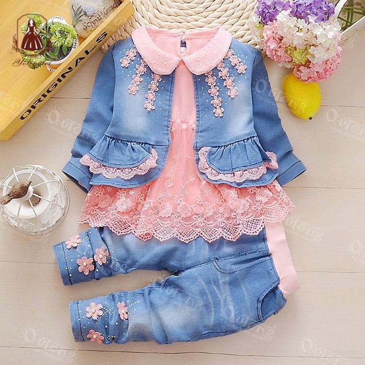 OC003 Children Wear Clothing Demin Coat Pants Kids Girls Clothes Sets For Winter