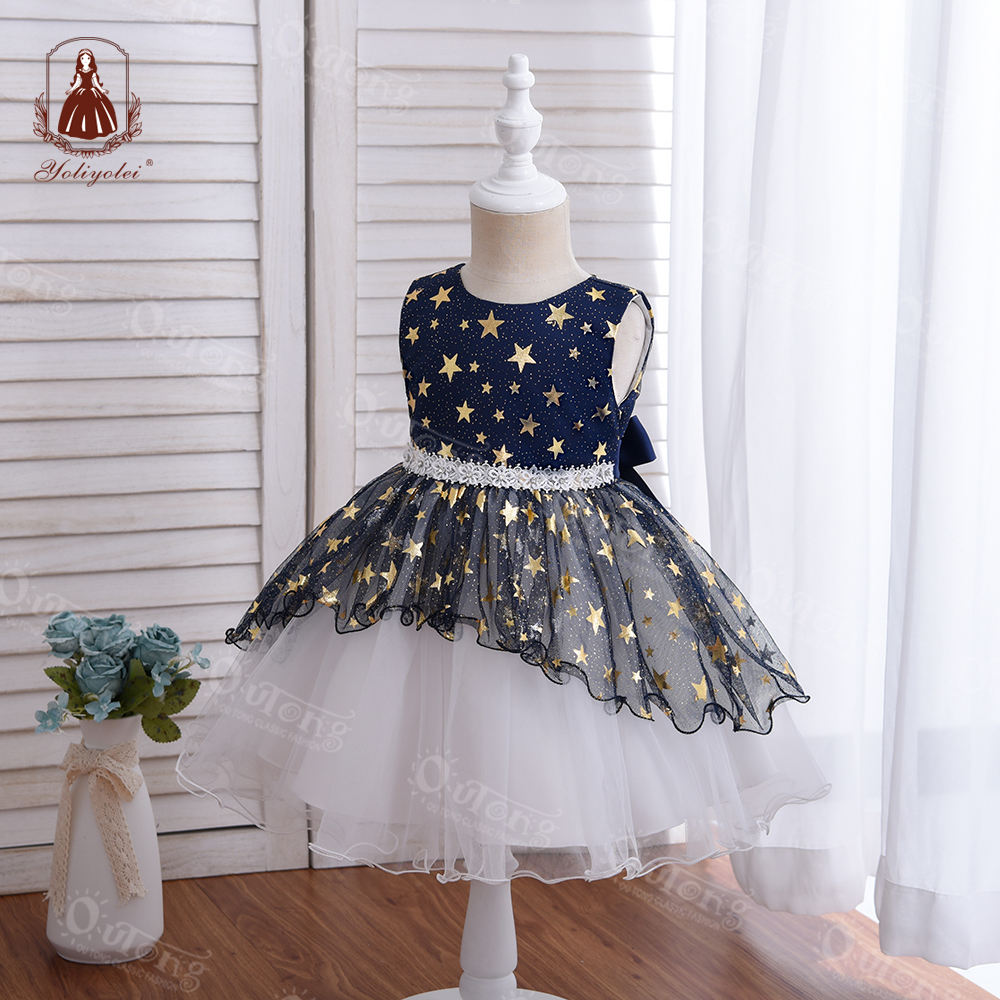 B4-941 Yoliyolei 0-2y Star Pattern Bling Black White Girl Formal Party Wear Baby Dress For Kids