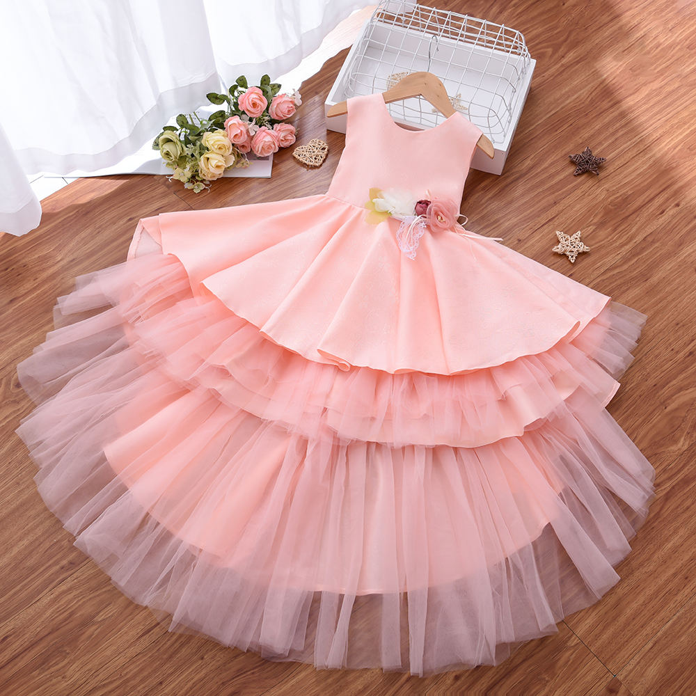 A7383 Factory Wholesale Lace Girls Party Dress Wedding Flower Girl Dresses With Long Tailed Short Front Long Back Skirts