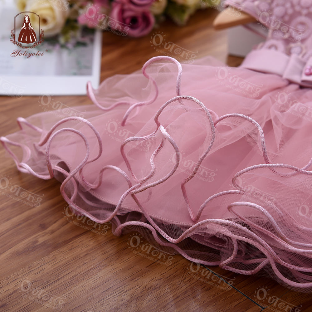 B2-192  0-2 Years Evening Wear Girl Dress Short Sleeve Pink Gauze Tulle Split Hem Children Baby Party Dress With Bow Belt