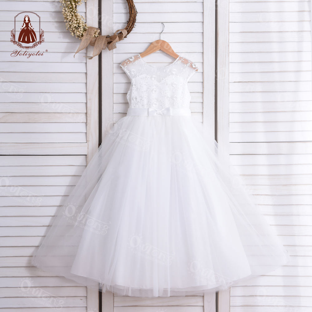 KE07 Semi-Perspective Top Embroidered Flower Party Wear Princess White Kids Bridesmaid Wedding Dress For Girl