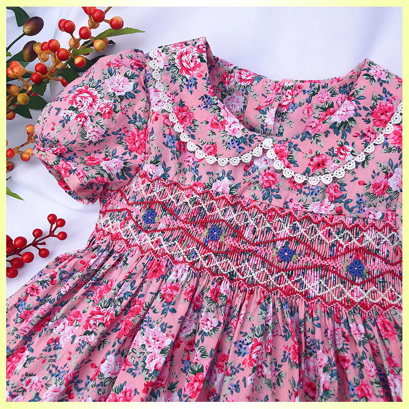 SM002 Embroidered Children Daily Life Wearing Beautiful Flowers Pattern Blue Smoked Dress For Girl 3-7 Years