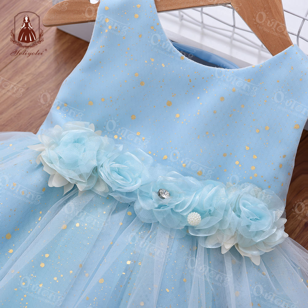 B0-2369 NewBorn Infant Dress Blue Plain Dyed Fluffy Tulle Kids Flower Girl Dresses Baby Girl Ball Gown