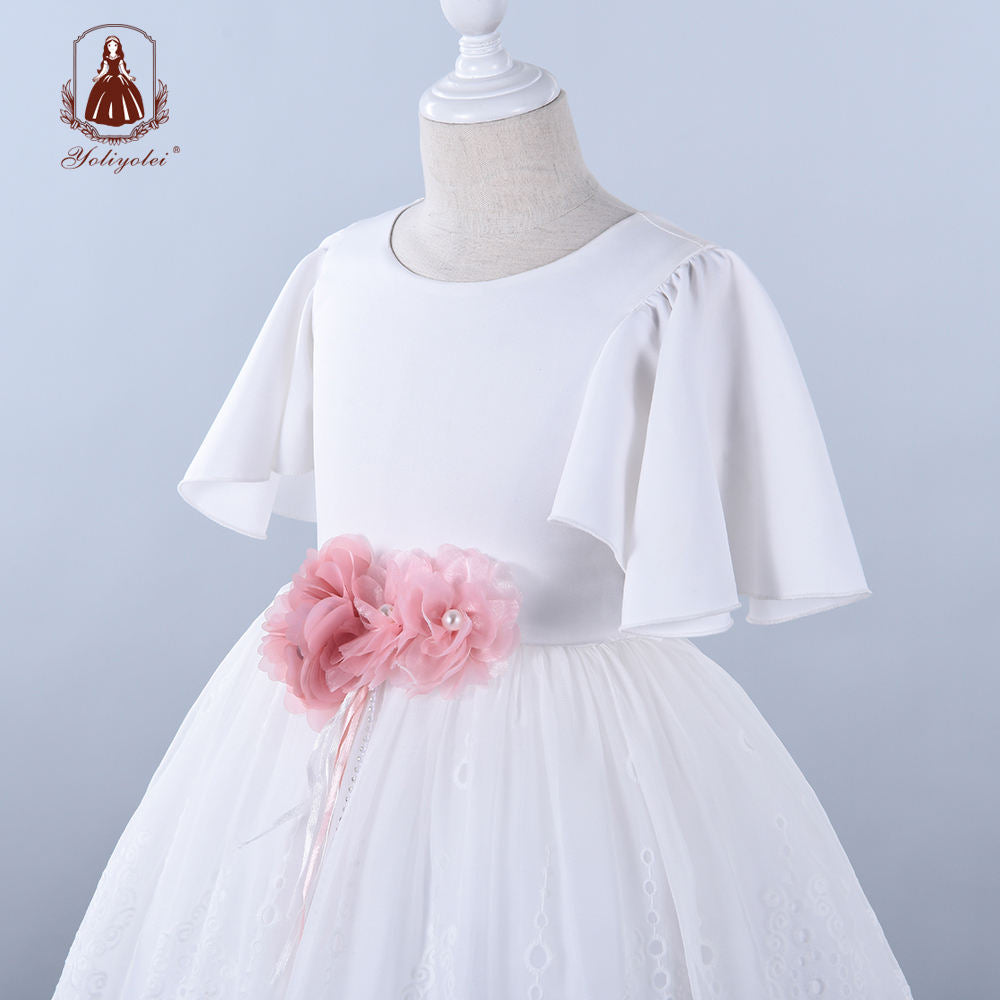 A7487 Yoliyolei Spring Summer Girls Clothing Petal Sleeve Wedding Night Party White Lace Girl Dress With Pink Flower