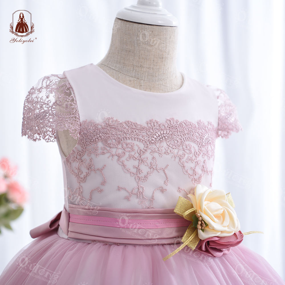 A7150 New Wholesale Long Children Dresses Elegant Party White Lace Flower Girl Prom Dress For Kid