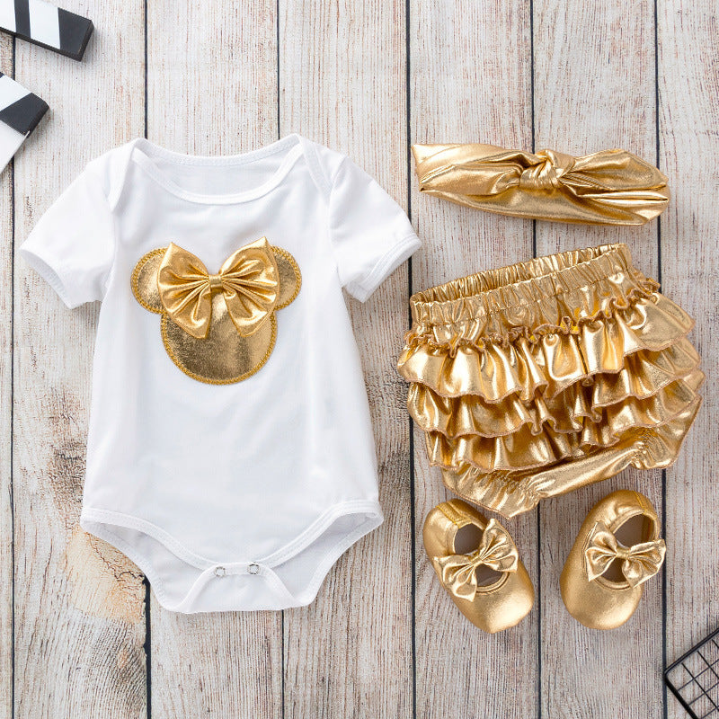 pp001 Mikey Summer Short Gold Baby Girl's Pajama Romper Jumpsuit Onesie Party Baby Wear Cotton Newborn Baby Romper Clothes