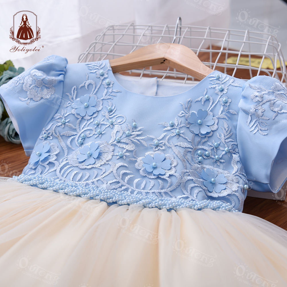 S2438 Girls Clothing Light Blue Champagne Patchwork Color Short Sleeve Party Wear Dress Applique Embroidered Flower Girl Dresses