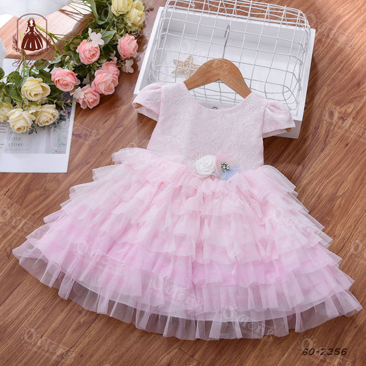 B0-2356 Wholesale Kids Party Wear Infant Dresses Jacquar Tutu Design Baby Girl Cake Layered Birthday Dress With Solid Flower