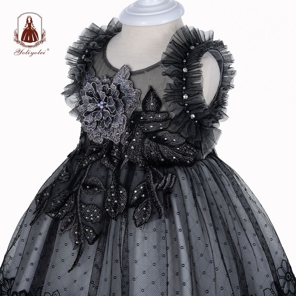 BTY2008 Wholesalers Princess Elegant Sleeveless Crew Neck Layered Black Party Baby Girl Dresses