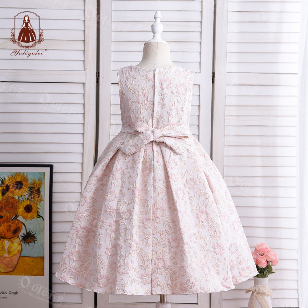 S2349 Cheap Wholesale Summer s2349 Gray White Pink Sleeveless Kids Party Dress Design Solid Girl Jacquard Dress With a Bag