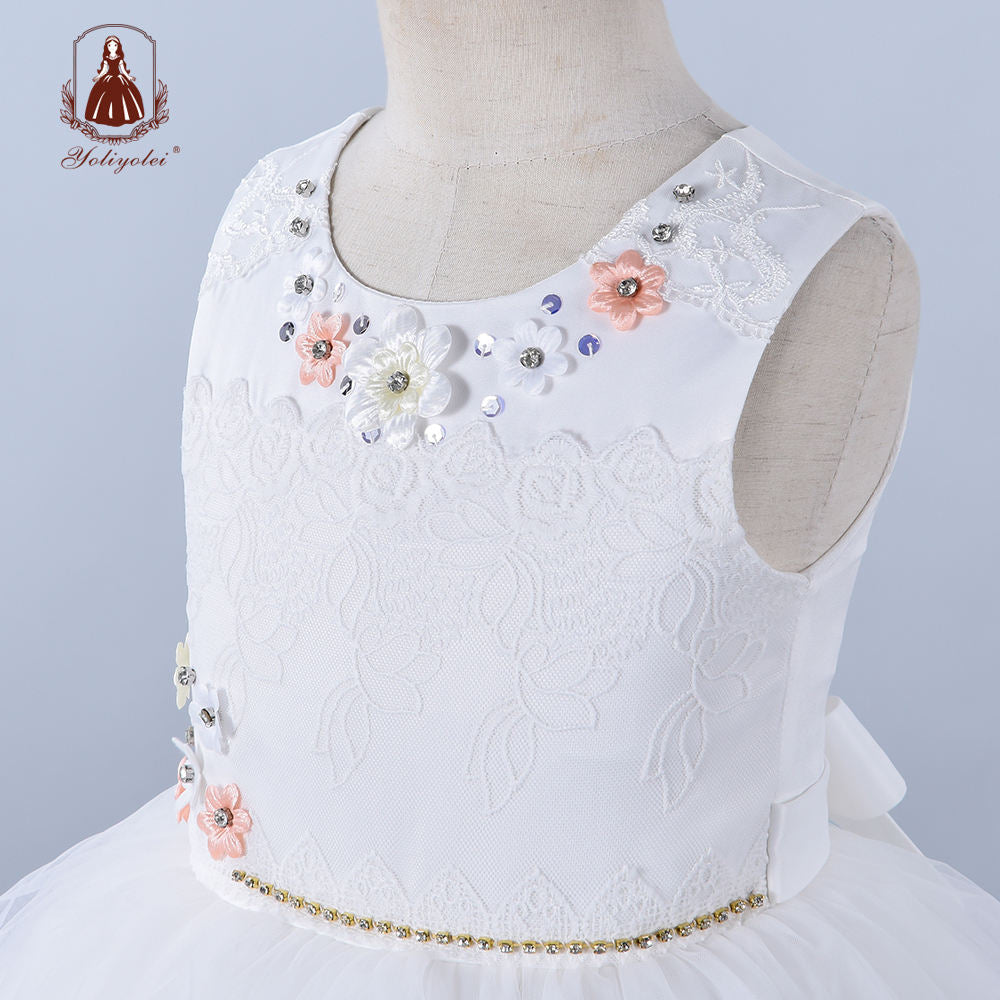 A1-142 Free Sample Summer Children Clothes White Lace Long Daisy Flower Girl Toddler Princess Party Dress With Diamond