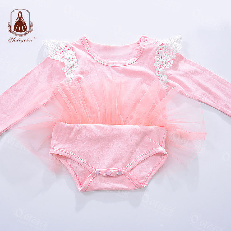 D0056 Winter And Autumn Long Full Sleeve Lace Yarn Button 100% Cotton Baby Girls Romper For Kids 1-5 Years