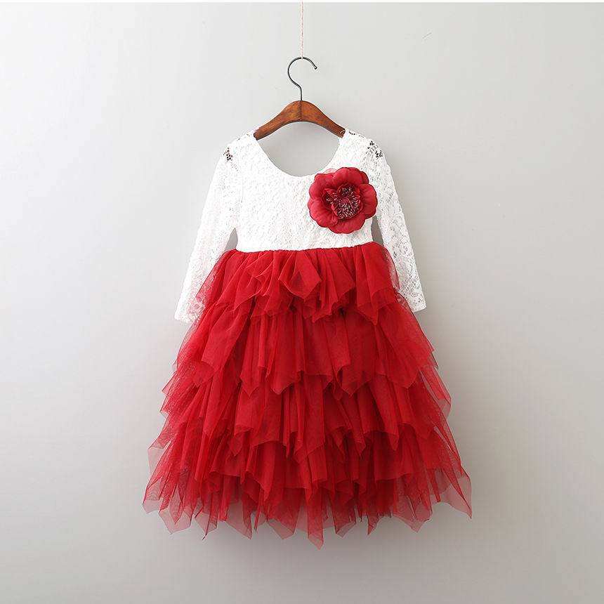 TU015 Fashion Long Sleeve Children Clothing Dress Tutu Design Polyester Tulle Layered Girl Dress With Big Flower