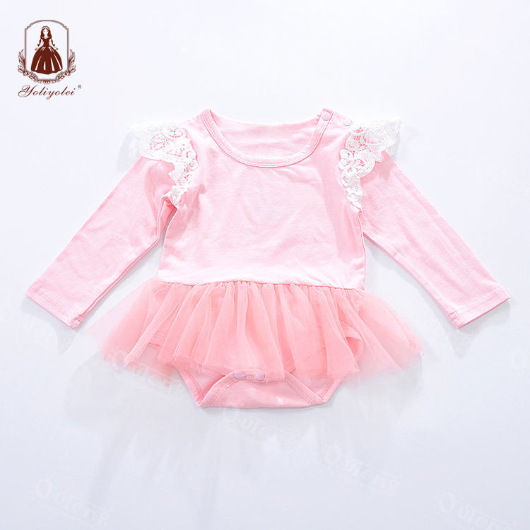 D0056 Winter And Autumn Long Full Sleeve Lace Yarn Button 100% Cotton Baby Girls Romper For Kids 1-5 Years