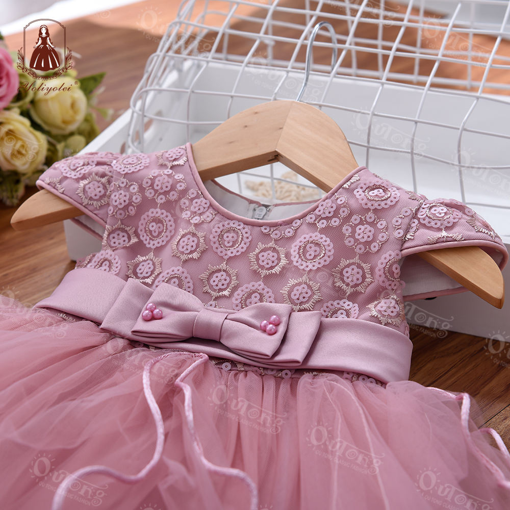 B2-192  0-2 Years Evening Wear Girl Dress Short Sleeve Pink Gauze Tulle Split Hem Children Baby Party Dress With Bow Belt