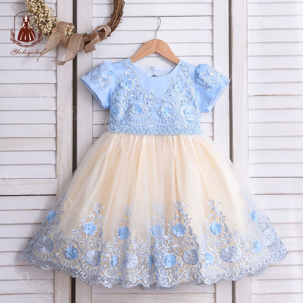 S2438 Girls Clothing Light Blue Champagne Patchwork Color Short Sleeve Party Wear Dress Applique Embroidered Flower Girl Dresses