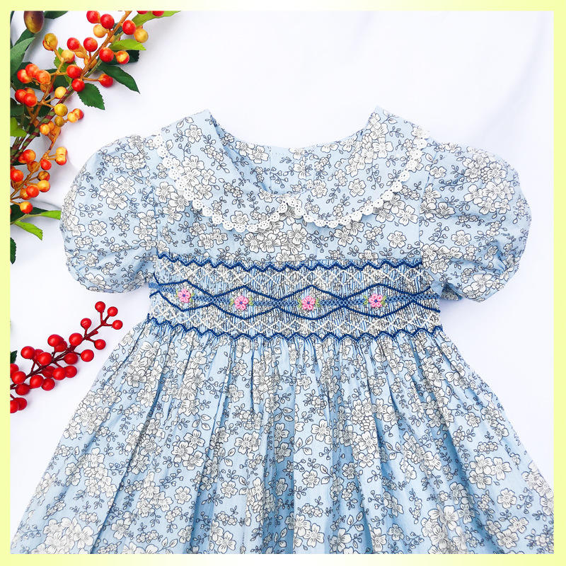 SM002 Embroidered Children Daily Life Wearing Beautiful Flowers Pattern Blue Smoked Dress For Girl 3-7 Years