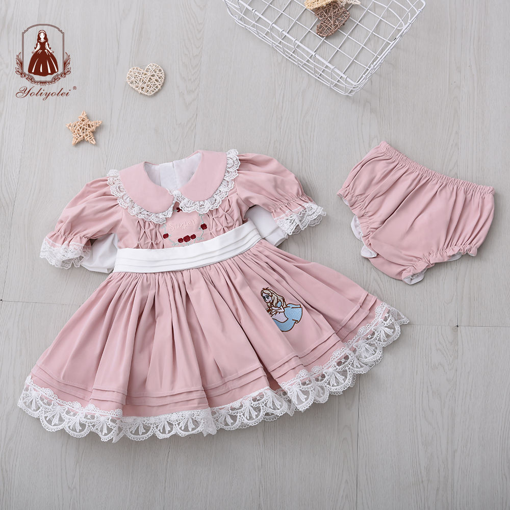 DK102 Kids Clothing Summer Girls Dress Lolita Design Short Sleeve Pink Cute Cartoon Toddler Baby Spanish Dress With Bloomer