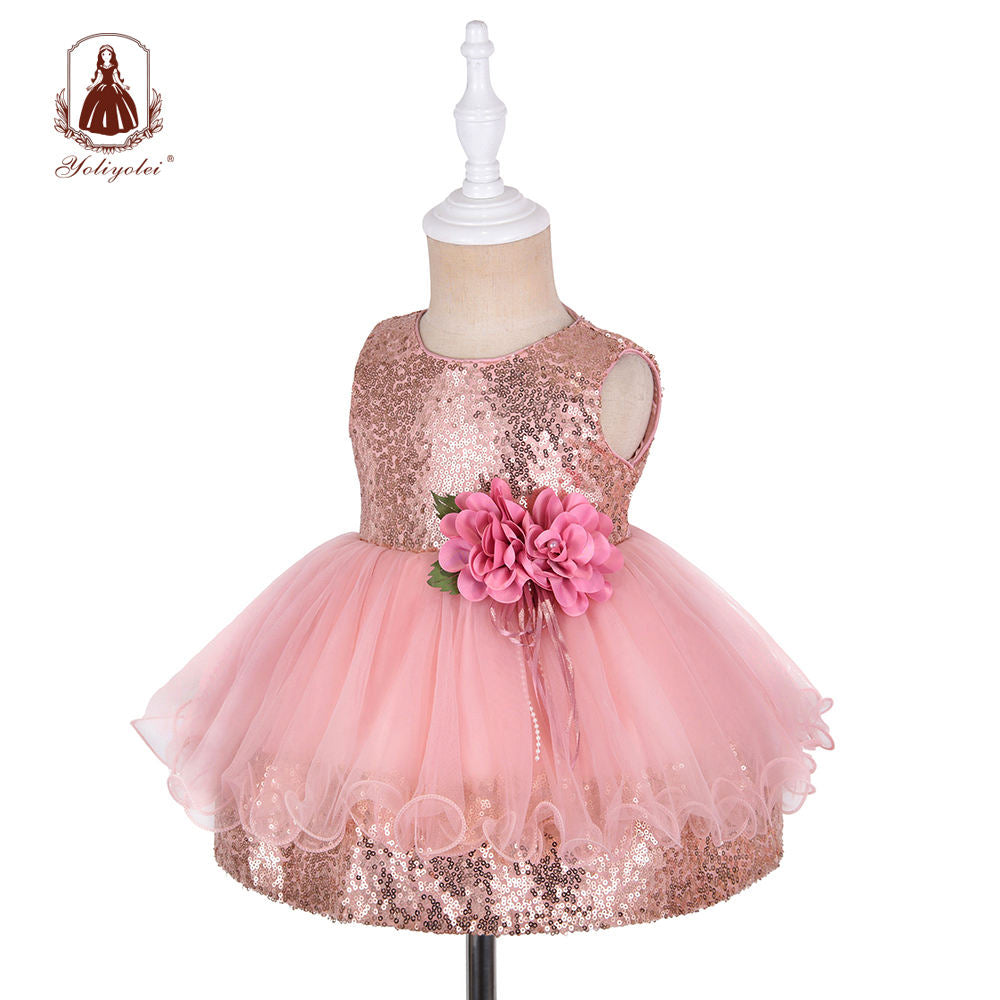 19T16 Baby Wholesalers Fashion Sequin Sleeveless 0-2 Years Peach Party Girls Dresses