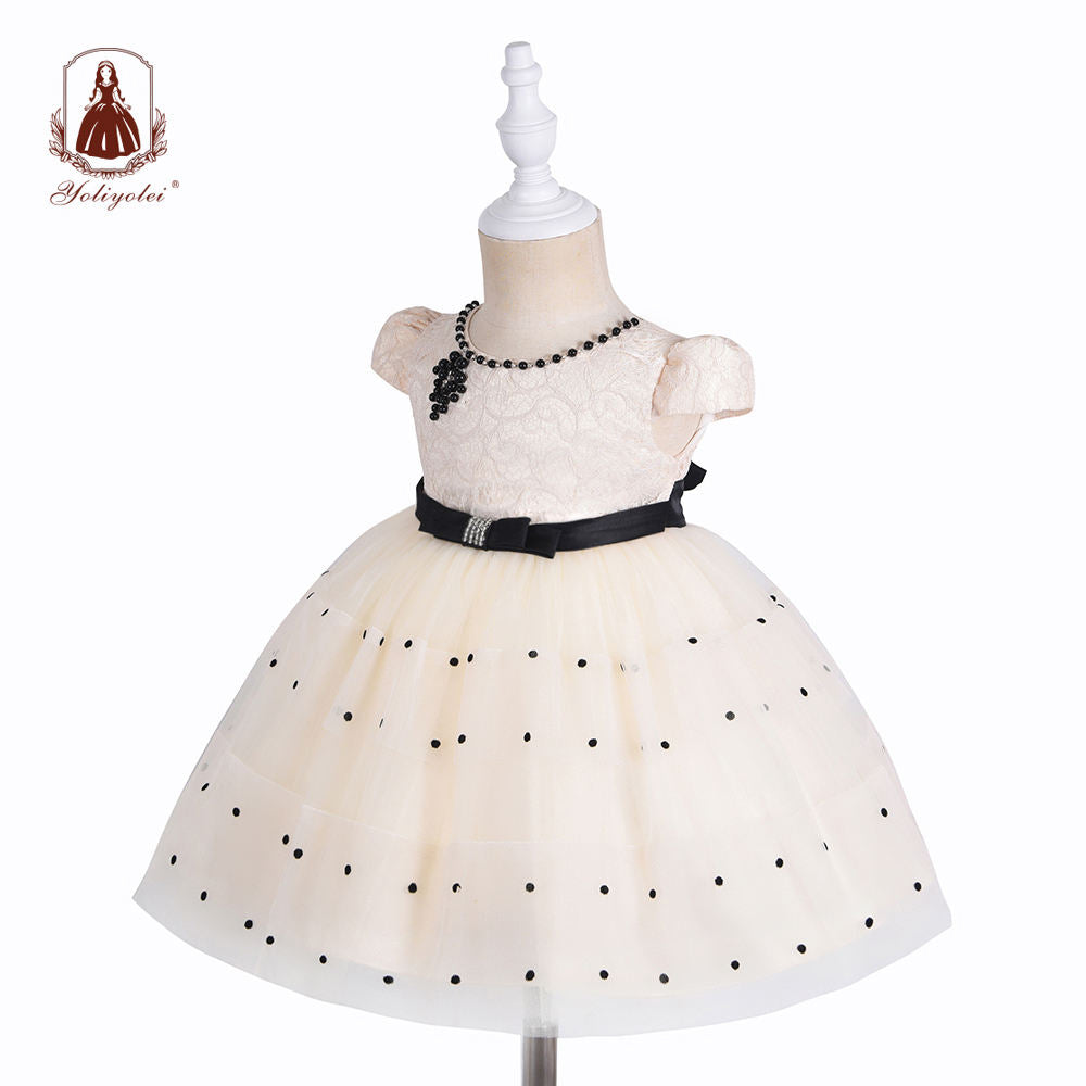 A1-056 Wholesalers Fashion Beaded Bow Short Sleeve 0-2 Years Champagne Party Girls Dresses